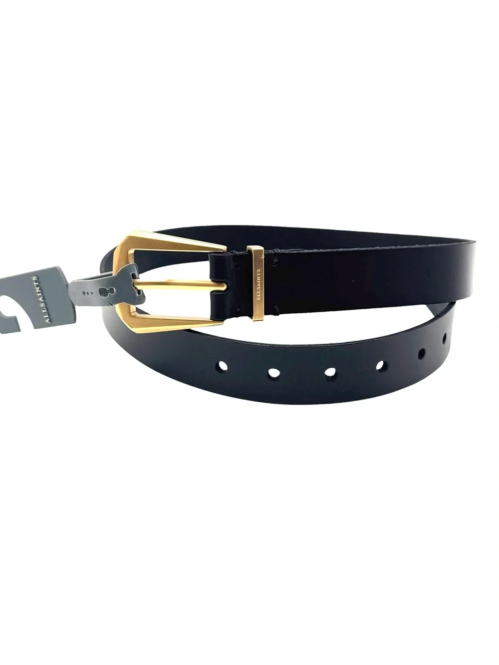 NWT AllSaints Women’s Black Leather 30mm Western Hexagonal Buckle Belt - Size S